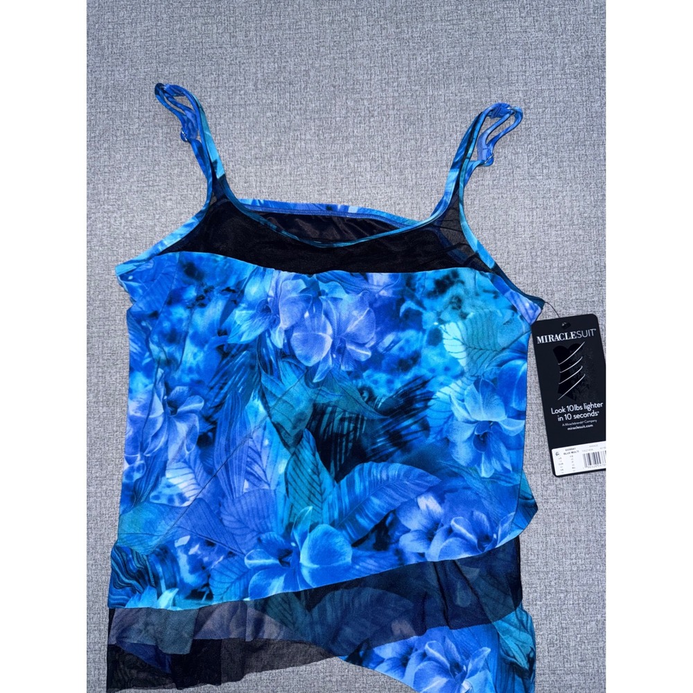 NWT Miraclesuit Size 14 Tankini Top Blue Floral Mirage Mesh Tiered Swimwear